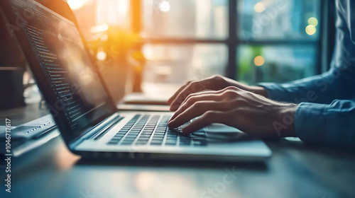 Hands typing on laptop in bright workspace with natural light