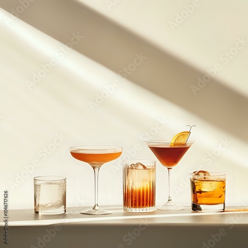 Assorted summer cocktails with citrus garnish on white background.