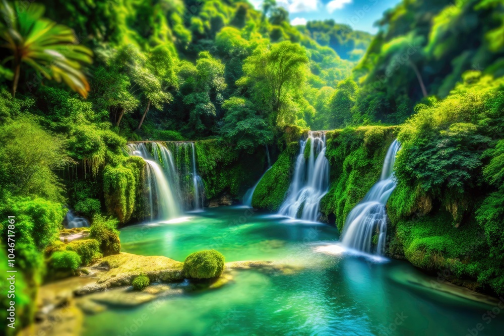 Obraz premium Dimiao Twin Waterfalls in Bohol's Tropical Jungle: A Breathtaking Tilt-Shift Photography Perspective of Nature's Splendor in the Philippines
