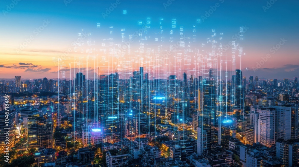 Fototapeta premium Futuristic Neon Cityscape at Dusk