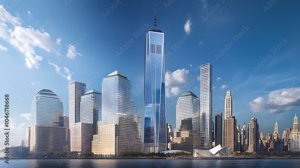 Obraz premium Stunning skyscrapers rise against clear blue sky, showcasing modern architecture