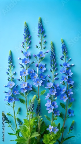 A row of Veronica flowers isolated on blue wood backround  photo