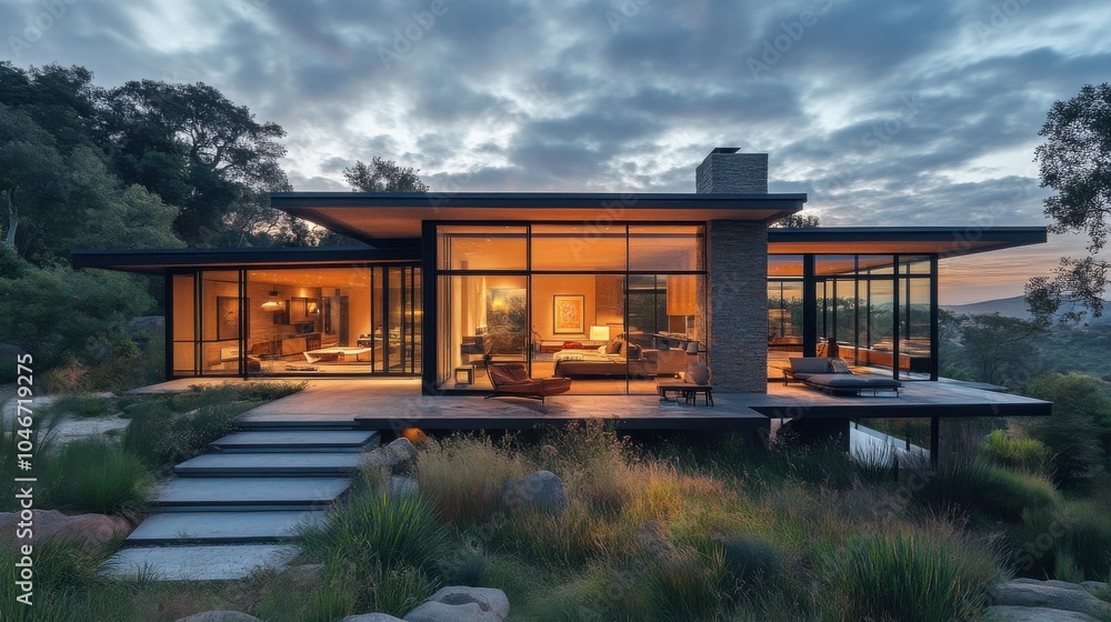 Contemporary glass house with expansive views. Contemporary glass house with expansive views.
