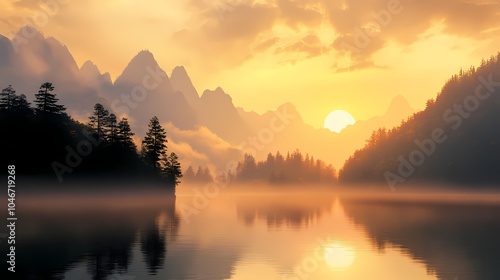 Wallpaper Mural A serene sunset over a tranquil lake, surrounded by misty mountains and silhouetted trees, creating a peaceful, reflective atmosphere. Torontodigital.ca