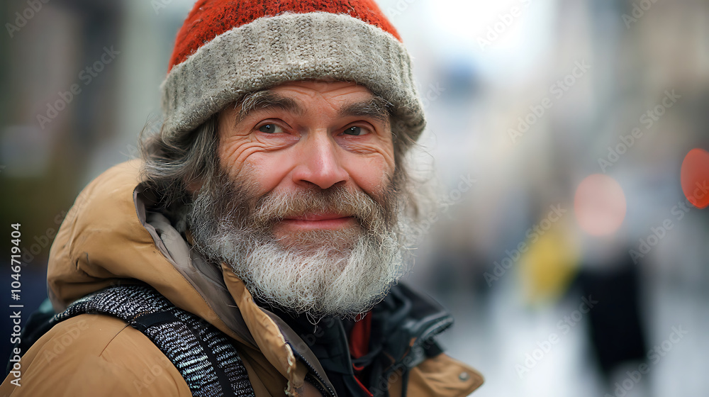 smiling man with beard wearing warm hat and jacket on city street smiling man with beard wearing warm hat and jacket on city street