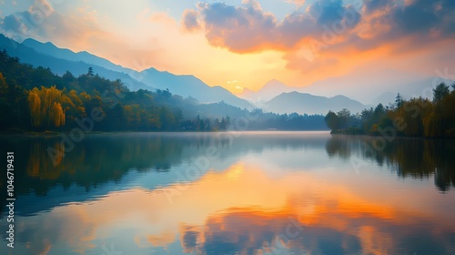 Wallpaper Mural A serene landscape featuring a tranquil lake reflecting vibrant sunset colors against a backdrop of mountains and lush trees. Torontodigital.ca