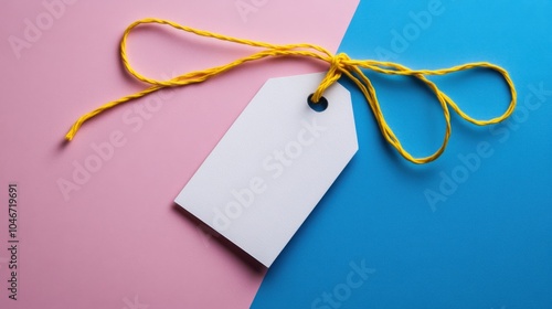 A simple white tag with a yellow string elegantly lies on a pink and blue background, suggesting themes of simplicity and minimalism.