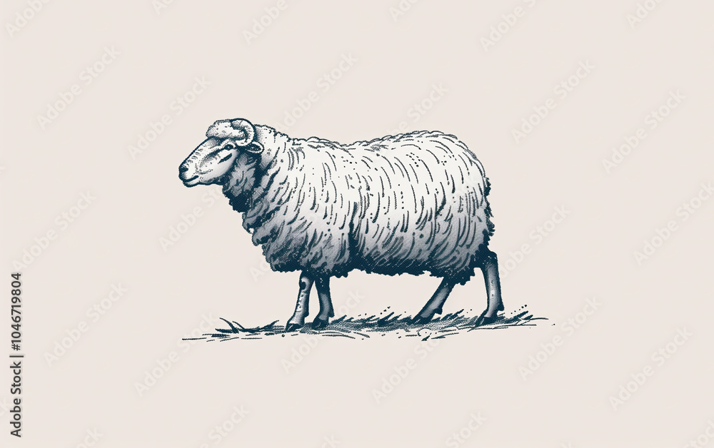 Obraz premium Sheep, lamb. Vintage retro print, black white sheep lamb sketch ink pencil style drawing, engrave old school. Sketch artwork silhouette farm sheep lamb. Side view profile. Illustration