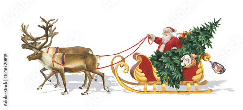 Watercolor reindeer and Santa Claus with Christmas tree