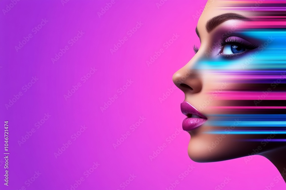 Banner with woman face with copy space. Tracking technology, science, scan security, facial treatment, skin care, cosmetic, beauty technology concept Banner with woman face with copy space. Tracking technology, science, scan security, facial treatment, skin care, cosmetic, beauty technology concept