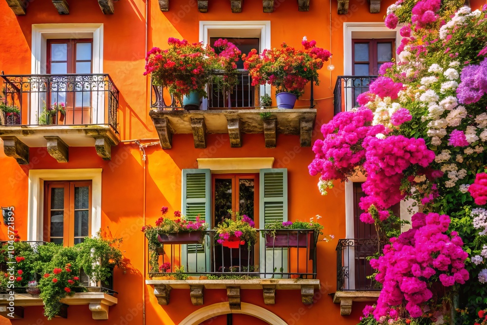 Fototapeta premium Vibrant Orange Building with White Balcony and Pink Flowers - Urban Exploration Photography, Colorful Architecture, Cityscape, Modern Design, Floral Accents, Urban Life, Street Art, Nature in the City