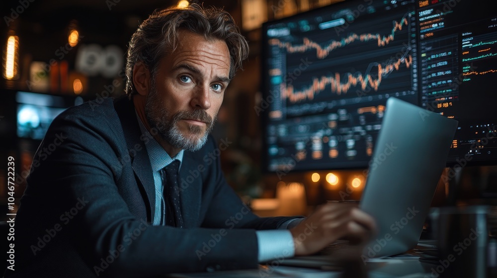 A confident businessman in a suit works late at night on his laptop in a dimly lit office, with financial charts displayed on the screen in the background. 