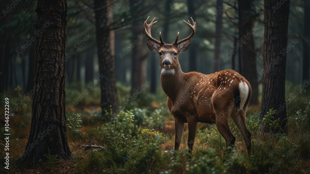 A lone deer with large antlers stands in a dense forest, looking directly at the camera. A lone deer with large antlers stands in a dense forest, looking directly at the camera.