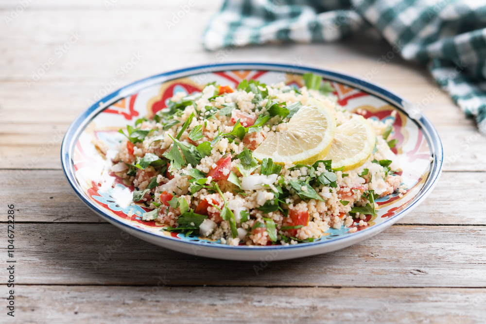 Tabbouleh salad with couscous on wooden table Tabbouleh salad with couscous on wooden table
