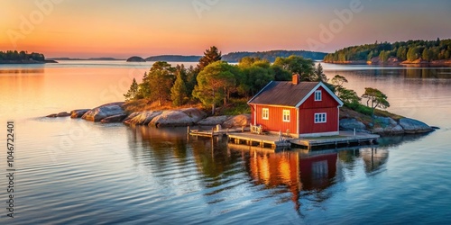 Swedish archipelago with a little red house at dusk