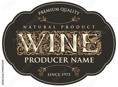 Vector banner or label for wine with hand-drawn ornate inscription in vintage style. Suitable for design element, logo, flyer, invitation, menu, wine list, emblem, sticker