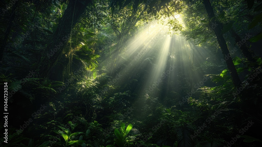 Obraz premium Dark rainforest, sun rays through the trees