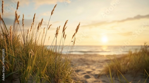 Serene Beach Sunrise with Grass and Gentle Waves