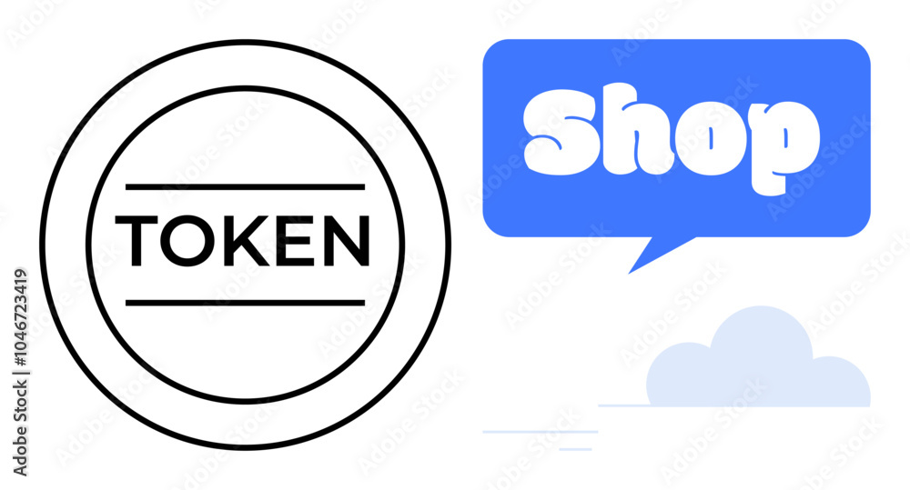 Black and white circular token with Shop speech bubble. The design includes a blue speech bubble and a cloud symbol. Ideal for commerce, currency, digital shopping, online stores, marketing graphics Black and white circular token with Shop speech bubble. The design includes a blue speech bubble and a cloud symbol. Ideal for commerce, currency, digital shopping, online stores, marketing graphics