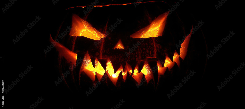 Fanged jack-o'-lantern isolated in the dark. Fanged jack-o'-lantern isolated in the dark.