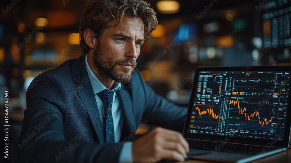 A businessman in a suit sits in a cafe, looking intently at a laptop screen displaying a stock market graph. A businessman in a suit sits in a cafe, looking intently at a laptop screen displaying a stock market graph.