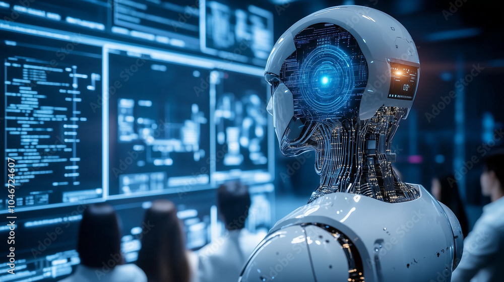 A cinematic shot of an AI robot in the center with multiple screens behind it displaying data and code A cinematic shot of an AI robot in the center with multiple screens behind it displaying data and code