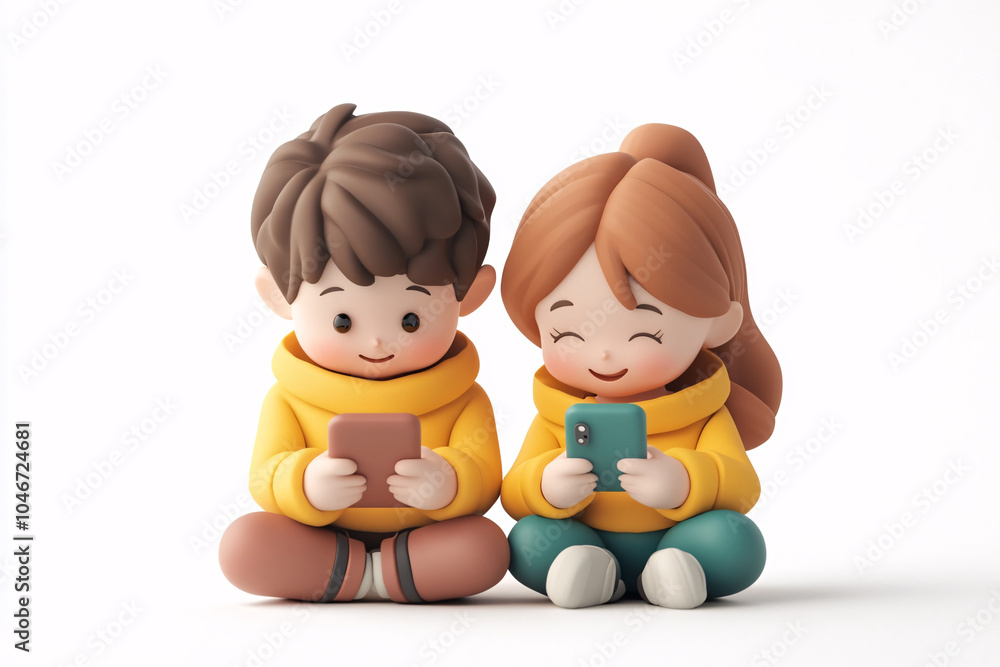 Happy brother and sister looking at a 3D cell phone on a white background Happy brother and sister looking at a 3D cell phone on a white background