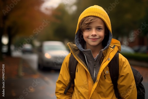 Portrait of a boy in a yellow jacket and a knitted hat on the background of an autumn street