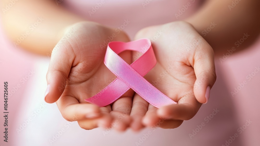 Young woman hand hold pink Ribbon and wear shirt for support people life and illness. National cancer survivors month, Mother and World cancer day concept,Pink October Breast Cancer Awareness month. Young woman hand hold pink Ribbon and wear shirt for support people life and illness. National cancer survivors month, Mother and World cancer day concept,Pink October Breast Cancer Awareness month.