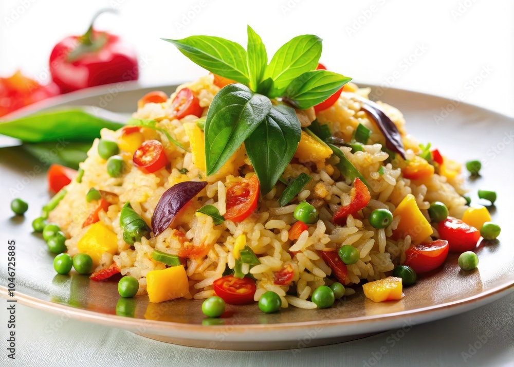 Fried Rice with Basil Macro Photography on White Background, Colorful Plating, Garnished, Culinary Art, Delicious Dish, Thai Cuisine, Fresh Ingredients, Gourmet Meal, Food Photography Fried Rice with Basil Macro Photography on White Background, Colorful Plating, Garnished, Culinary Art, Delicious Dish, Thai Cuisine, Fresh Ingredients, Gourmet Meal, Food Photography