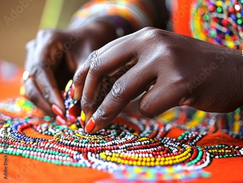 A close-up of a Kenyan woman crafting beaded jewelry, following traditional Maasai customs. photo