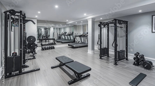 a modern basement gym with a variety of exercise