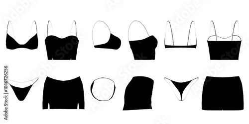 Swimwear woman bikini, short dress set. Silhouette of women's underwear isolated on white background. Front, side, back view. Vector illustration.