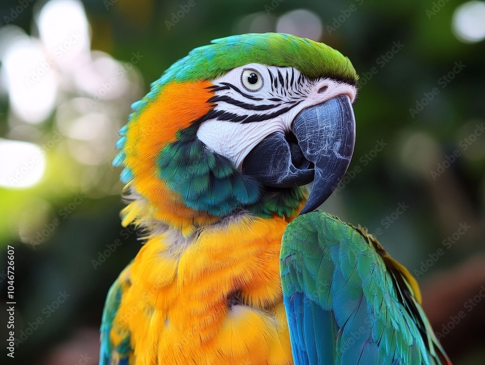 bright plumage, with feathers of green, blue, and yellow standing out vividly against a tropical background. bright plumage, with feathers of green, blue, and yellow standing out vividly against a tropical background.
