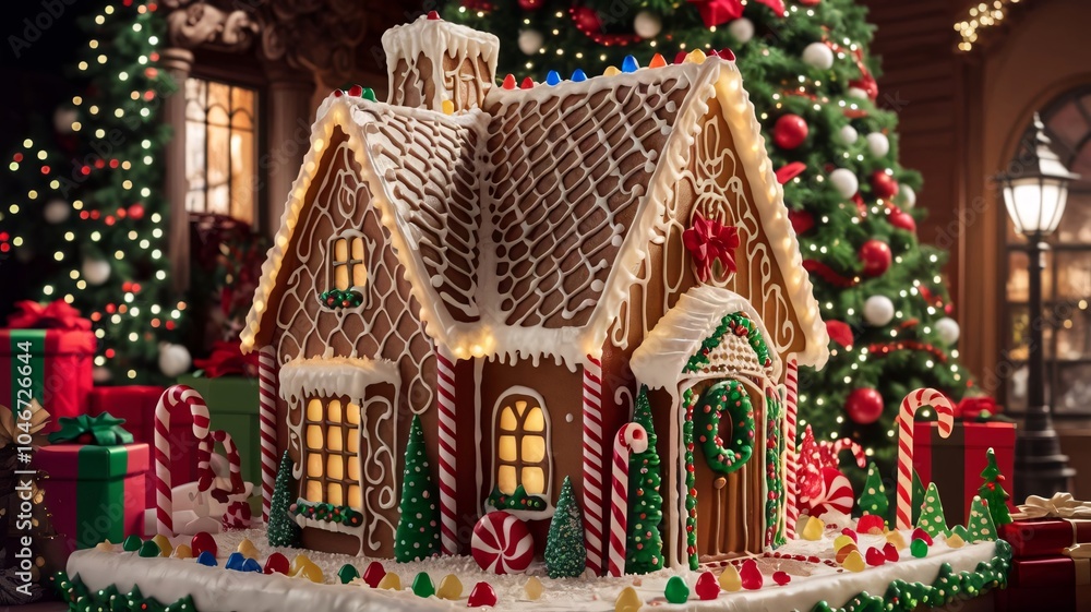 Delicious gingerbread house decorated with icing and candy for festive Christmas celebration Delicious gingerbread house decorated with icing and candy for festive Christmas celebration