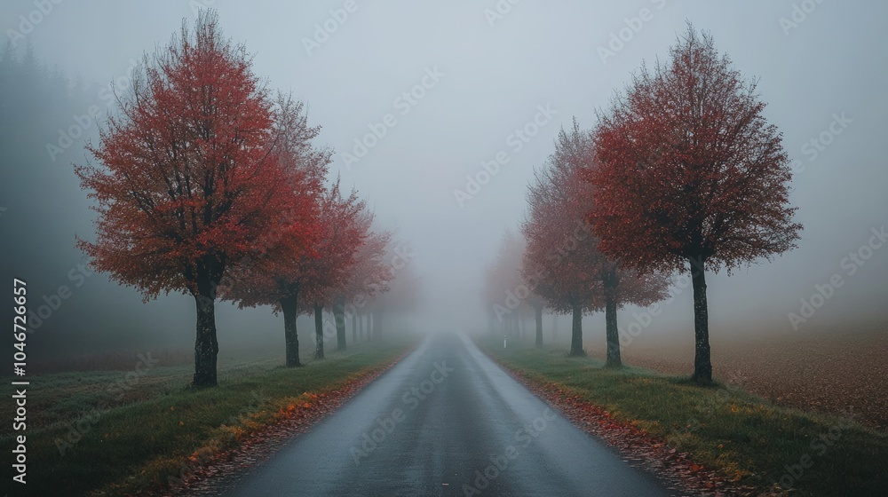 Obraz premium atmospheric autumn road lined with vibrant red trees shrouded in mist on an overcast day, capturing the mysterious beauty and serenity of foggy mornings