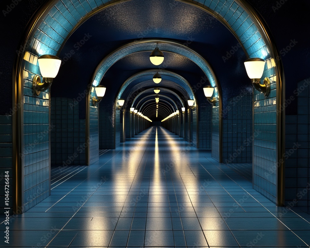 Obraz premium A long, illuminated subway tunnel with blue tiles and glowing lamps, creating an atmospheric perspective.