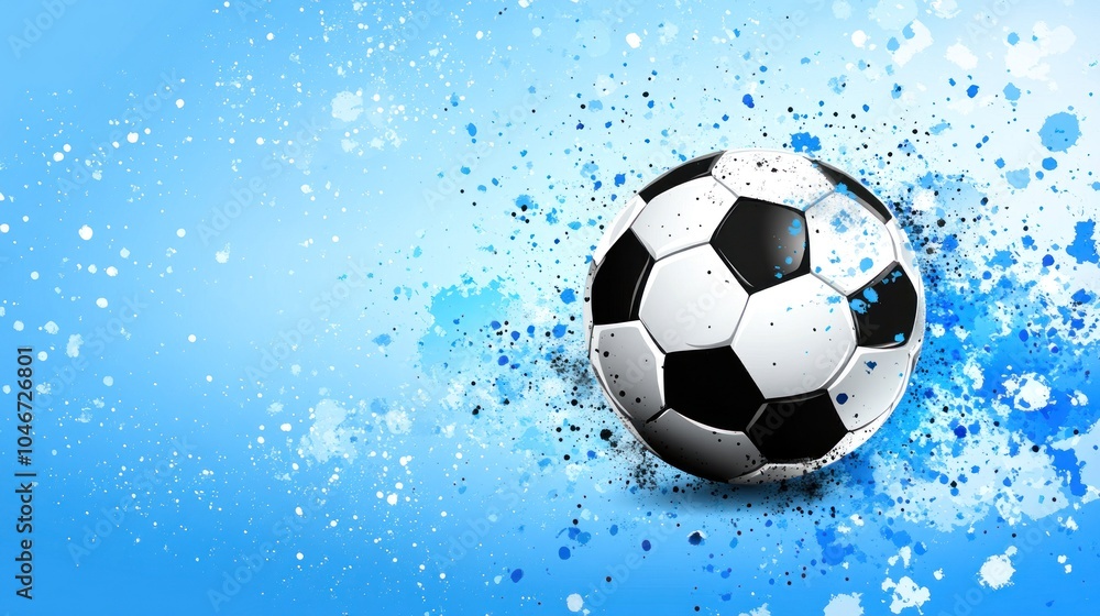 Naklejka premium A vibrant soccer ball with a splash of blue paint, emphasizing sports and energy.