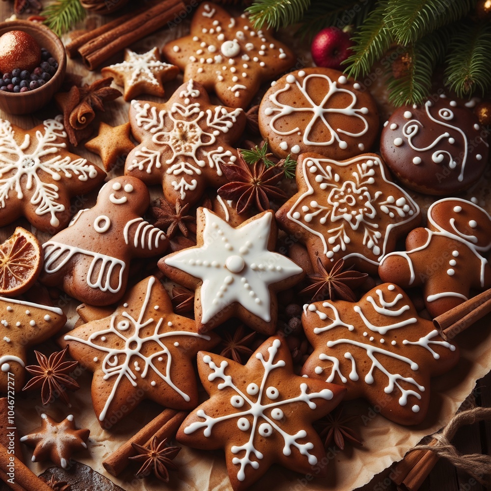 Festive gingerbread cookies with intricate designs surrounded by spices and decorations Festive gingerbread cookies with intricate designs surrounded by spices and decorations