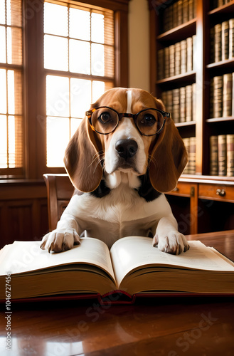 Beagle in Tortoiseshell Glasses Reading Book at Desk in Vintage Library photo