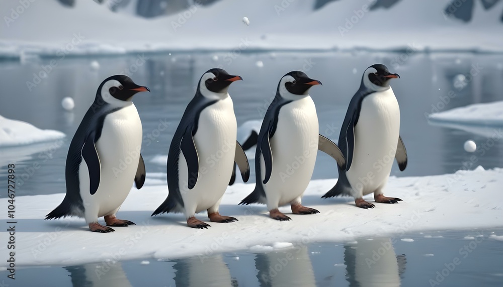 Fototapeta premium A cute animation featuring playful penguins sliding joyfully on a frozen lake, with occasional snowballs tossed in the air, creating a lively winter scene full of fun and laughter.