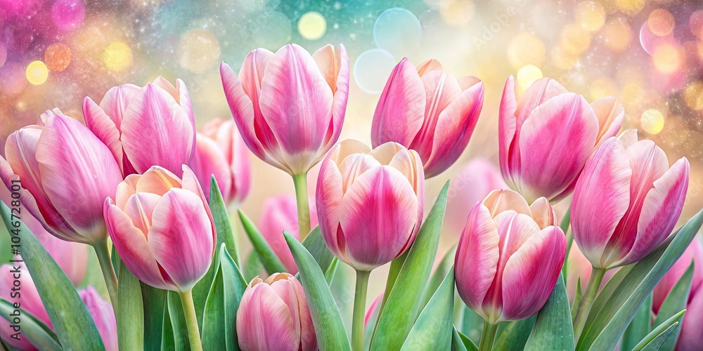 Fototapeta premium Hand Drawn Pink Tulips Bouquet - Seamless Pattern for Happy Easter Holiday Floral Background, Spring Flowers, Double Exposure Photography, Vector Design, Seasonal Decor