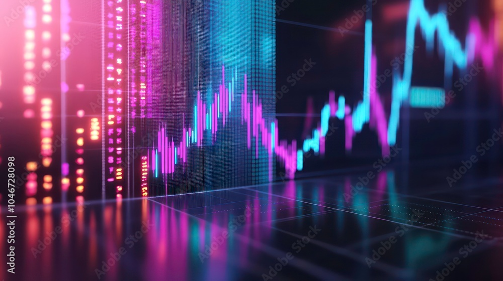 Abstract financial chart with glowing lines and data on a black background. Abstract financial chart with glowing lines and data on a black background.