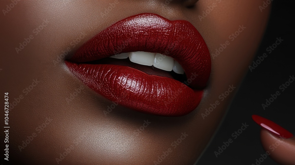 Obraz premium Close-up of luscious red lips matching manicured nail