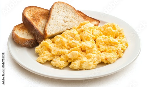 scrambled eggs with toasted slices of bread on a white plate