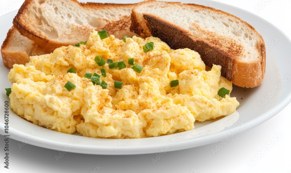 scrambled eggs with toasted slices of bread on a white plate scrambled eggs with toasted slices of bread on a white plate