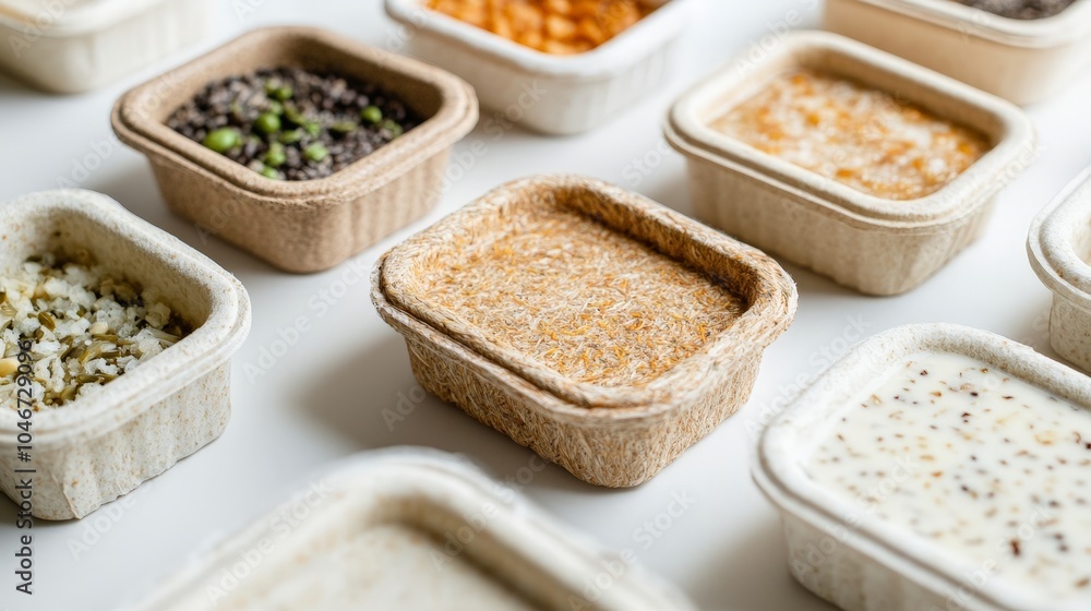 A close-up of biodegradable food containers made from plant fibers, sitting on a clean white surface, ready to replace plastic alternatives. A close-up of biodegradable food containers made from plant fibers, sitting on a clean white surface, ready to replace plastic alternatives.