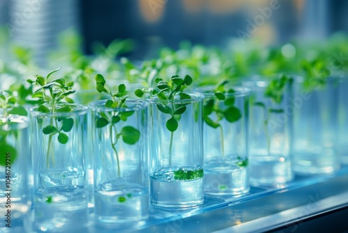 A close-up of biodegradable plastic alternatives created from plant materials, being tested for durability in a biotech lab.