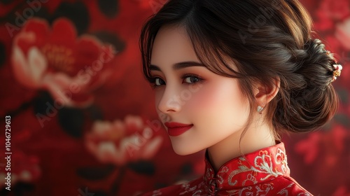 Chinese woman with a cheongsam, looking elegant photo