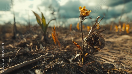 A close-up of endangered plants and animals struggling to survive in a deforested area, symbolizing the loss of biodiversity. photo